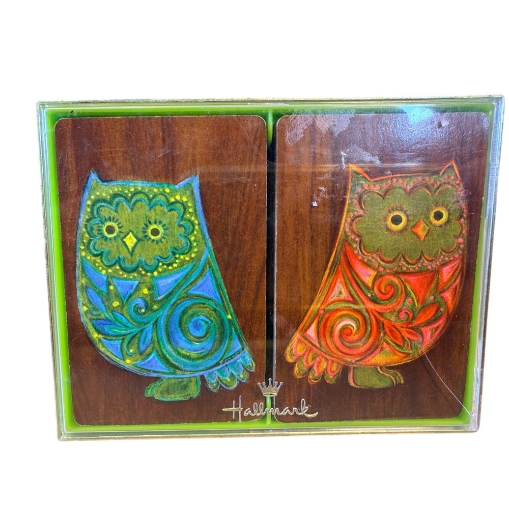 Hallmark Playing Cards OS Green Good Vintage Psychedelic Owl Retro Folk Art MCM